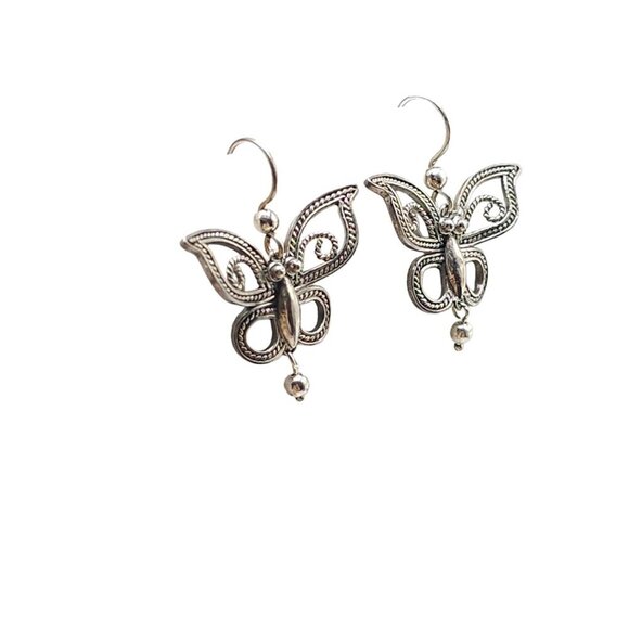 BJ 925 Sterling Silver Filigree Butterfly Moth Insect Dangle Drop Earring VTG - Picture 3 of 5